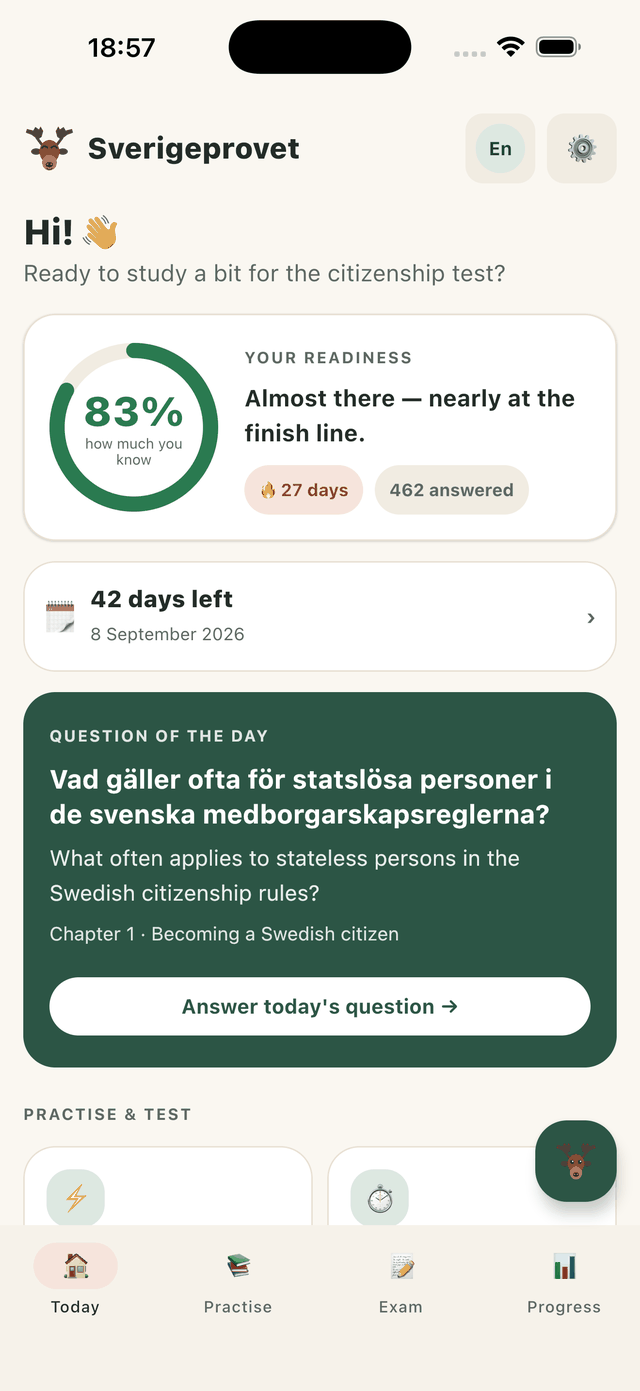 Sverigeprovet on a phone: today's question in Swedish with the translation below it, alongside your readiness in per cent and the days left until the exam.