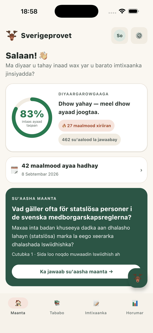 Sverigeprovet taleefan: su'aasha maanta oo af Iswiidhish ah iyo turjumaadda hoosteeda, iyo diyaargarowgaaga boqolkiiba iyo maalmaha imtixaanka u harsan.